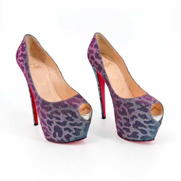 Christian Louboutin Highness 160 Platform Pumps Size 38.5 Blue Purple Leopard - Picture 1 of 13
